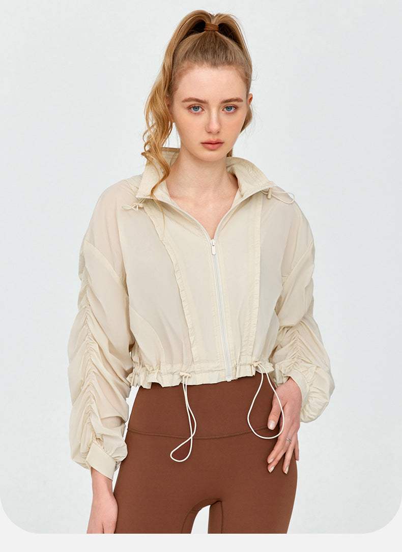 High Grade Sun Protective Clothing Women Outdoor Loose Short Breathable Sun Protection Long Sleeve Hooded Ruched Sun Protection Jacket