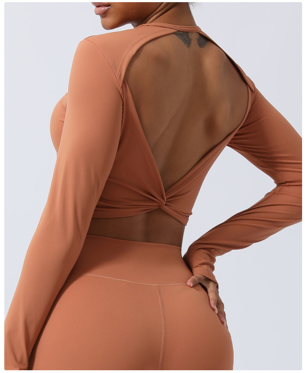 Spring Nude Feel Hollow Out Cutout Out Beauty Back Sports Top Twisted Short Yoga Clothes With Chest Pad Long Sleeve T Shirt Workout Clothes
