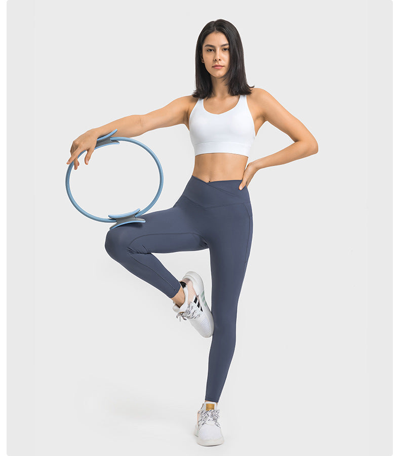 Criss Cross Waist Sports Tights Women Double-Side Pocket without T-Line High Elastic Hip Lifting Cropped Yoga Pants