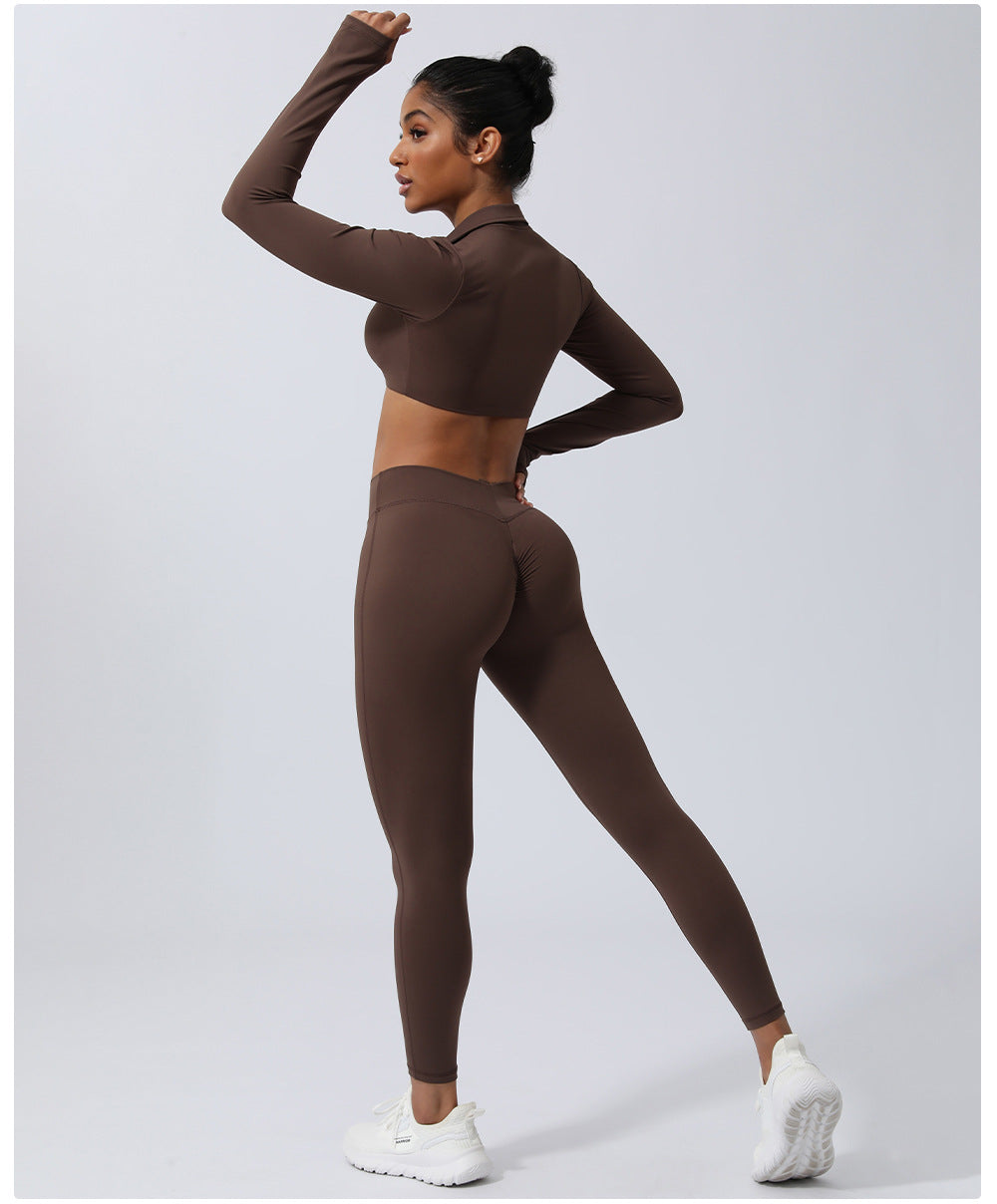 Wrinkle Hip Lifting Yoga Clothes Trousers Nude Feel Quick Drying Fitness Suit Running Sport Long Sleeve T Shirt With Chest Pad