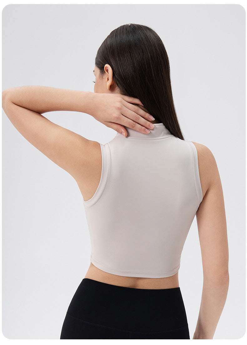 Sleeveless Stand Collar Slimming Yoga Clothes Vest Front Zipper Skinny Exercise Top with Chest Pad Running Workout Vest Women