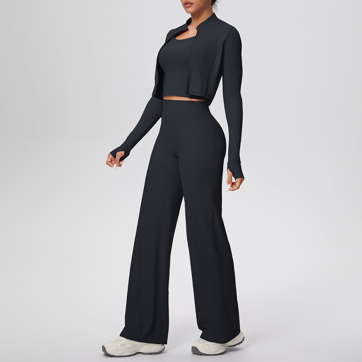 Solid Color Sports Zip Long Sleeve Coat Inner Vest Baggy Straight Trousers Workout Clothes Yoga Three Piece Suit