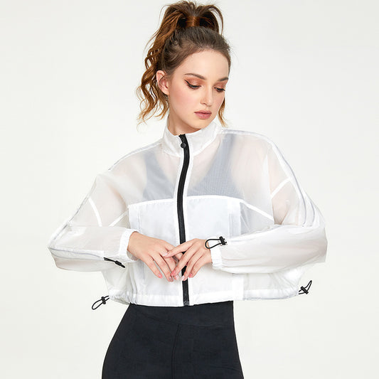 Nylon Zipped Stand Collar Training Sun Protection Workout Clothes Jacket Casual Loose Cardigan Running Fitness Yoga Wear