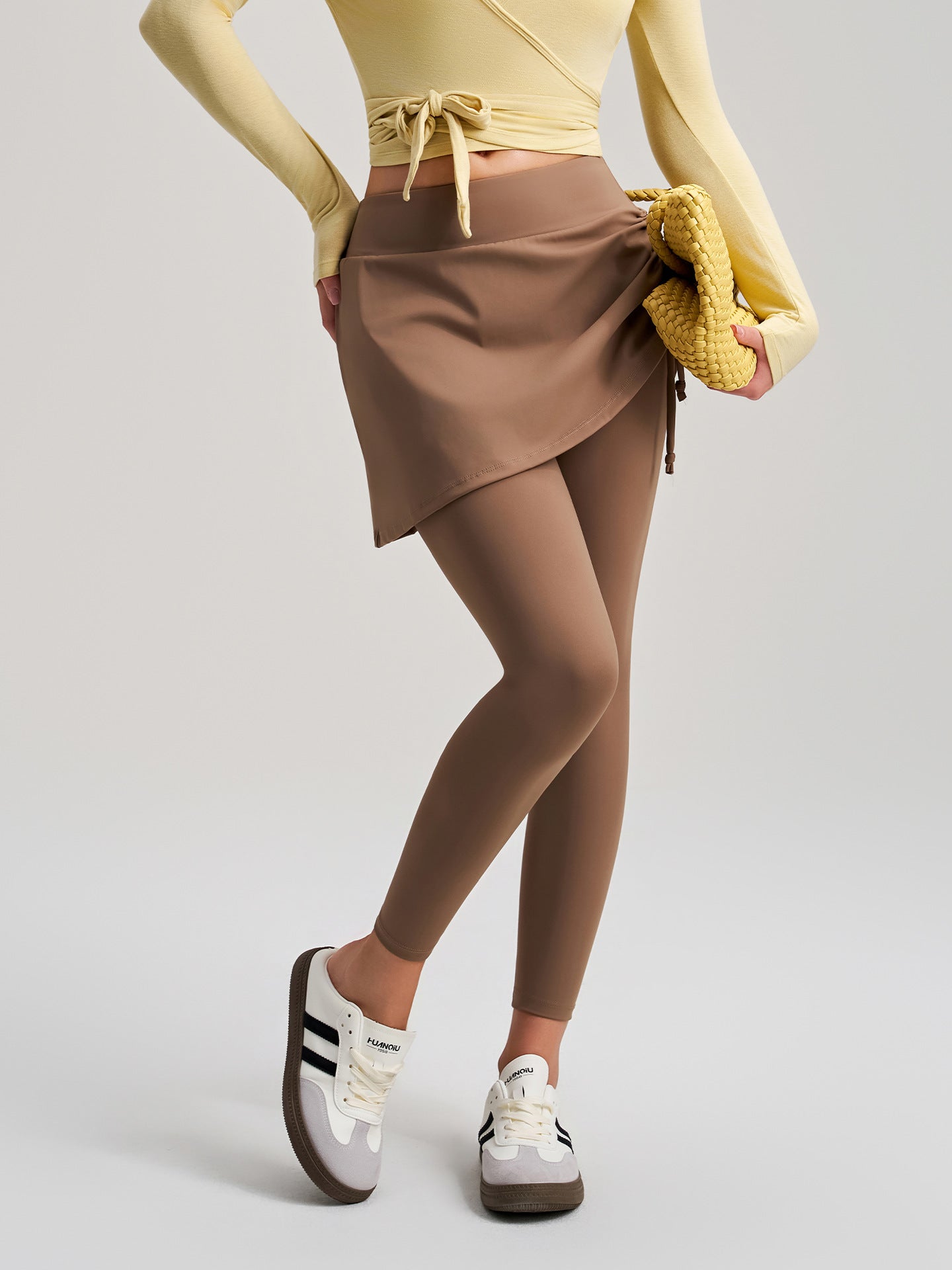 Yoga Pants Faux Two Piece Women Hiding Culottes Drawstring High Waist Elastic Slim Fit Dance Workout Exercise Pants