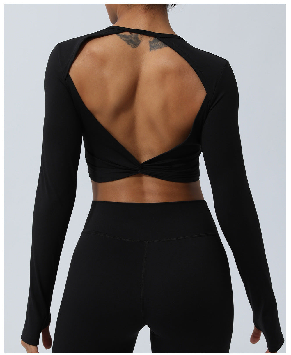 Spring Nude Feel Hollow Out Cutout Out Beauty Back Sports Top Twisted Short Yoga Clothes With Chest Pad Long Sleeve T Shirt Workout Clothes