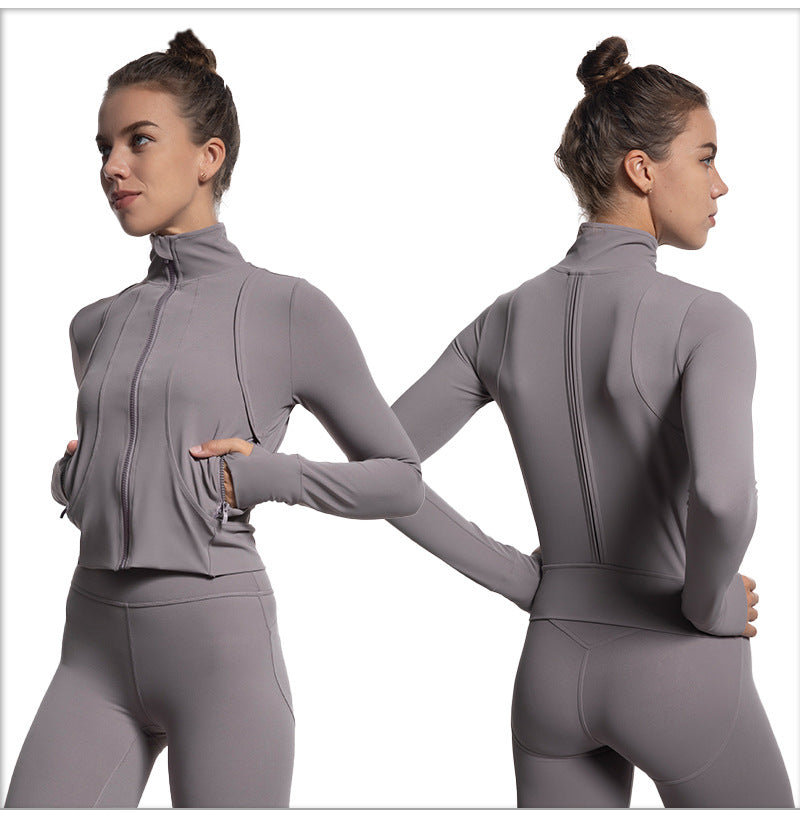 Tight Sweater Stand Collar Zipper Sports Jacket Coat Quick Drying Outfit Pocket Yoga Clothes for Women