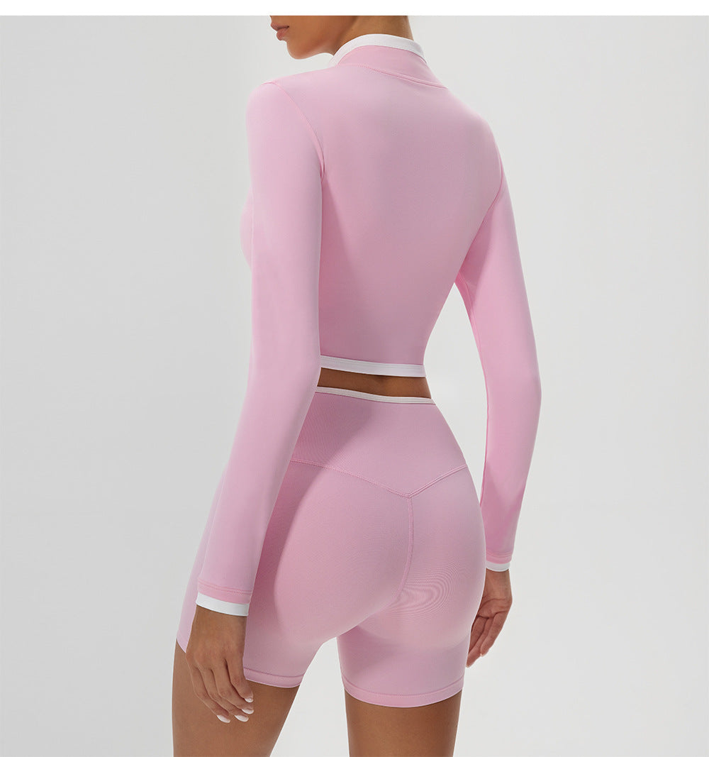 Autumn Winter Yoga Wear Coat Contrast Color Body Shaping Stand Collar Zipper Running Long Sleeve Top Women