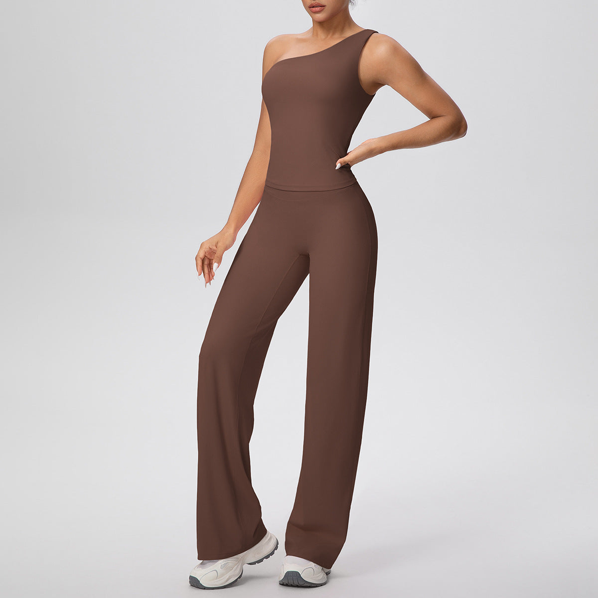 Cloud Sense Oblique Shoulder Waist Yoga Vest Yoga Pants Running Baggy Straight Trousers Fitness Yoga Wear Two Piece Sets