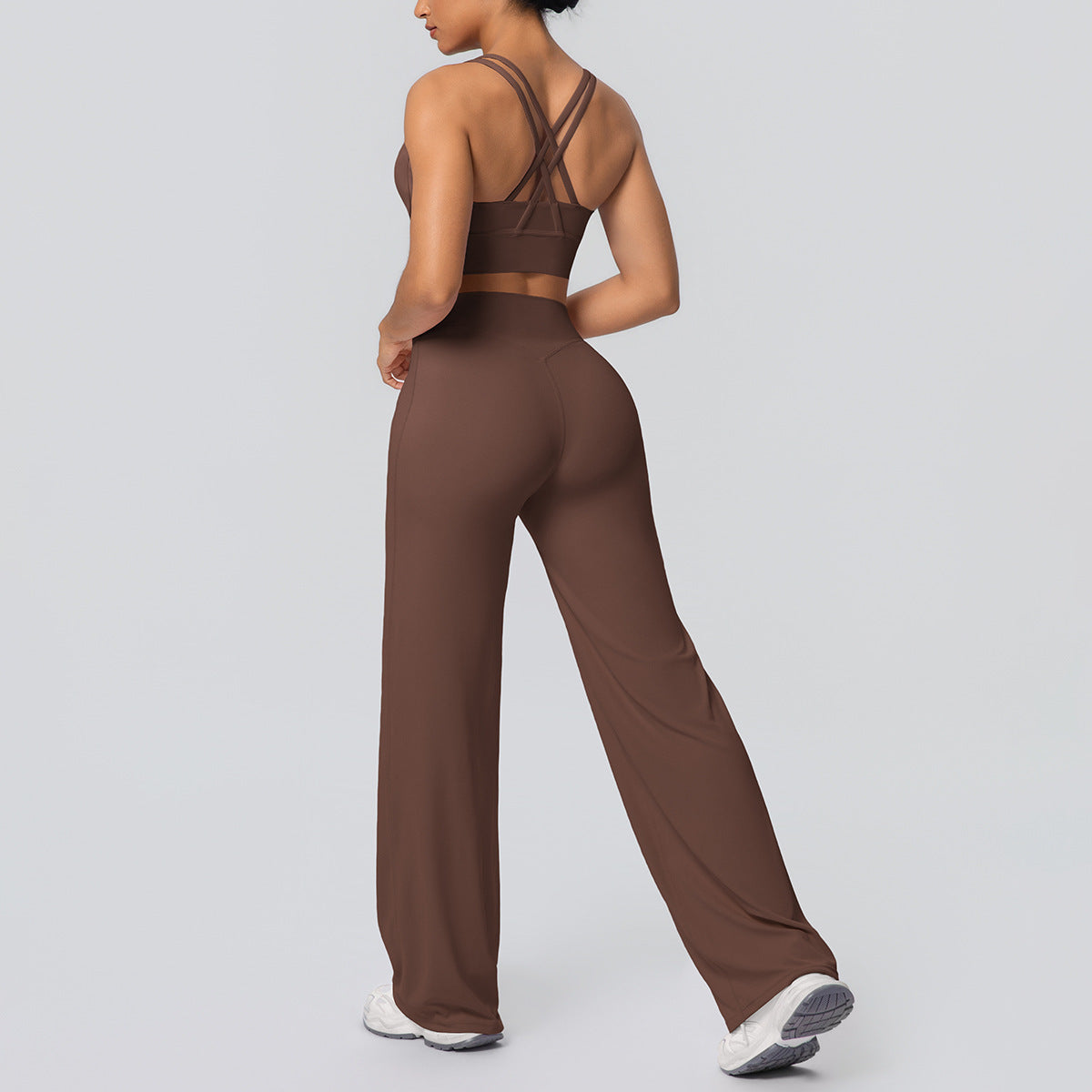 Sexy Cross Shoulder Strap Backless Bra Solid Color Baggy Straight Trousers Fitness Pants Yoga Set for Women