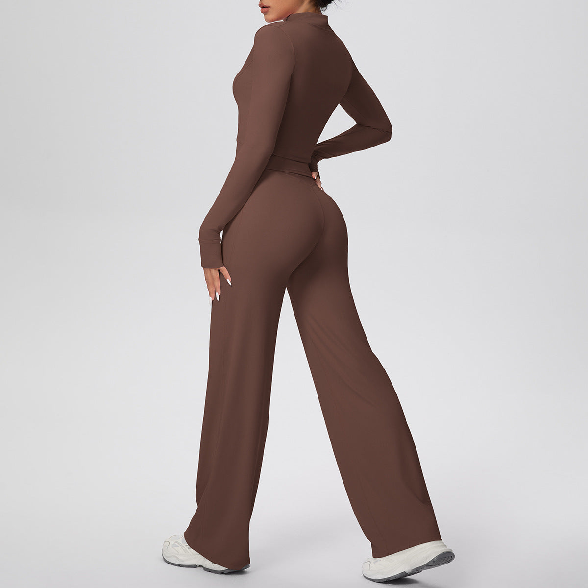 Solid Color Sports Zip Long Sleeve Coat Strap Vest Baggy Straight Trousers Workout Clothes Yoga Three Piece Set