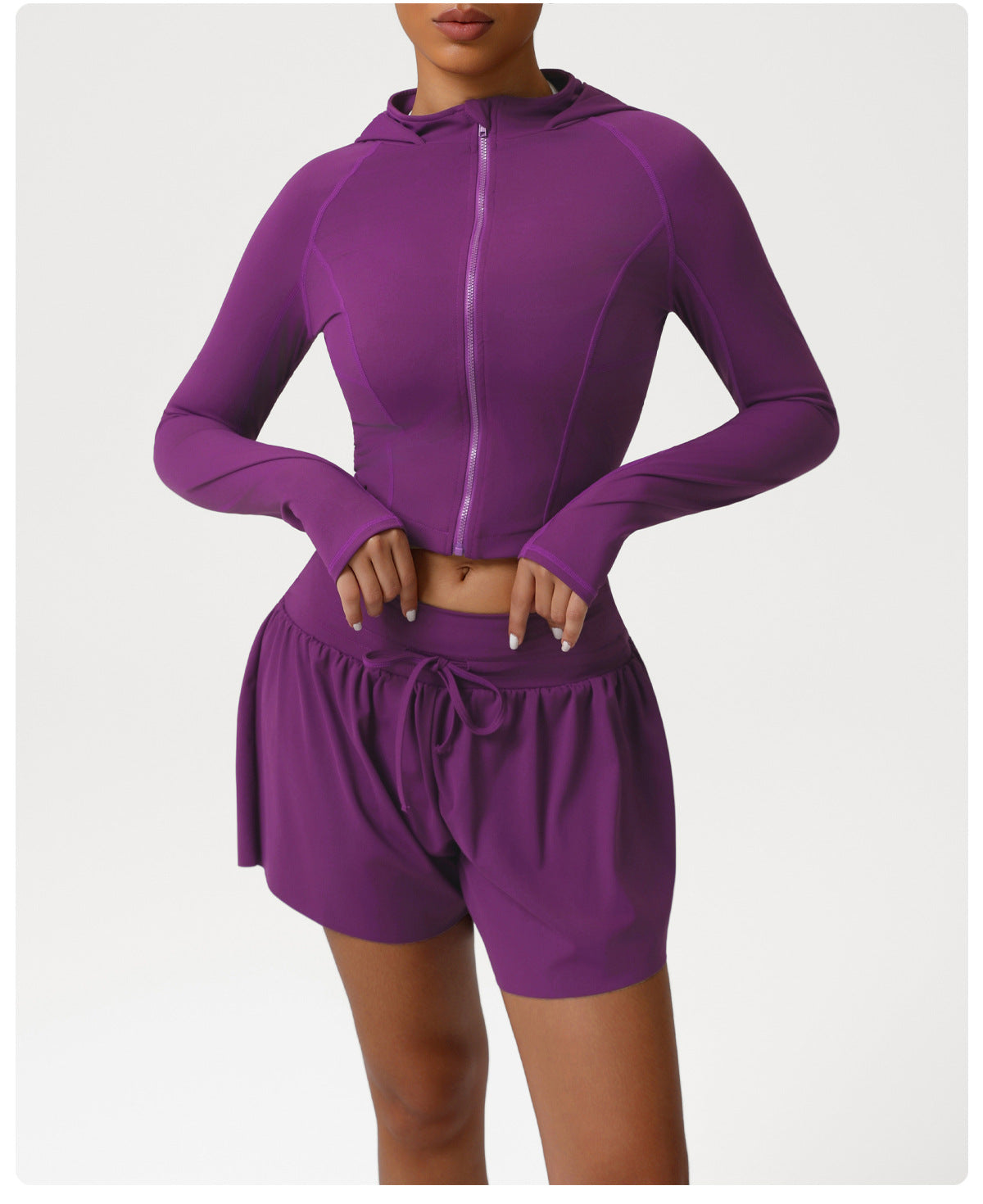 Autumn Winter Nude Feel Casual Sports Hooded Suit Slim Stand Collar Jacket High Waist Workout Shorts Yoga Two Piece Sets