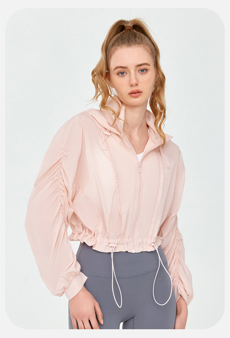 High Grade Sun Protective Clothing Women Outdoor Loose Short Breathable Sun Protection Long Sleeve Hooded Ruched Sun Protection Jacket