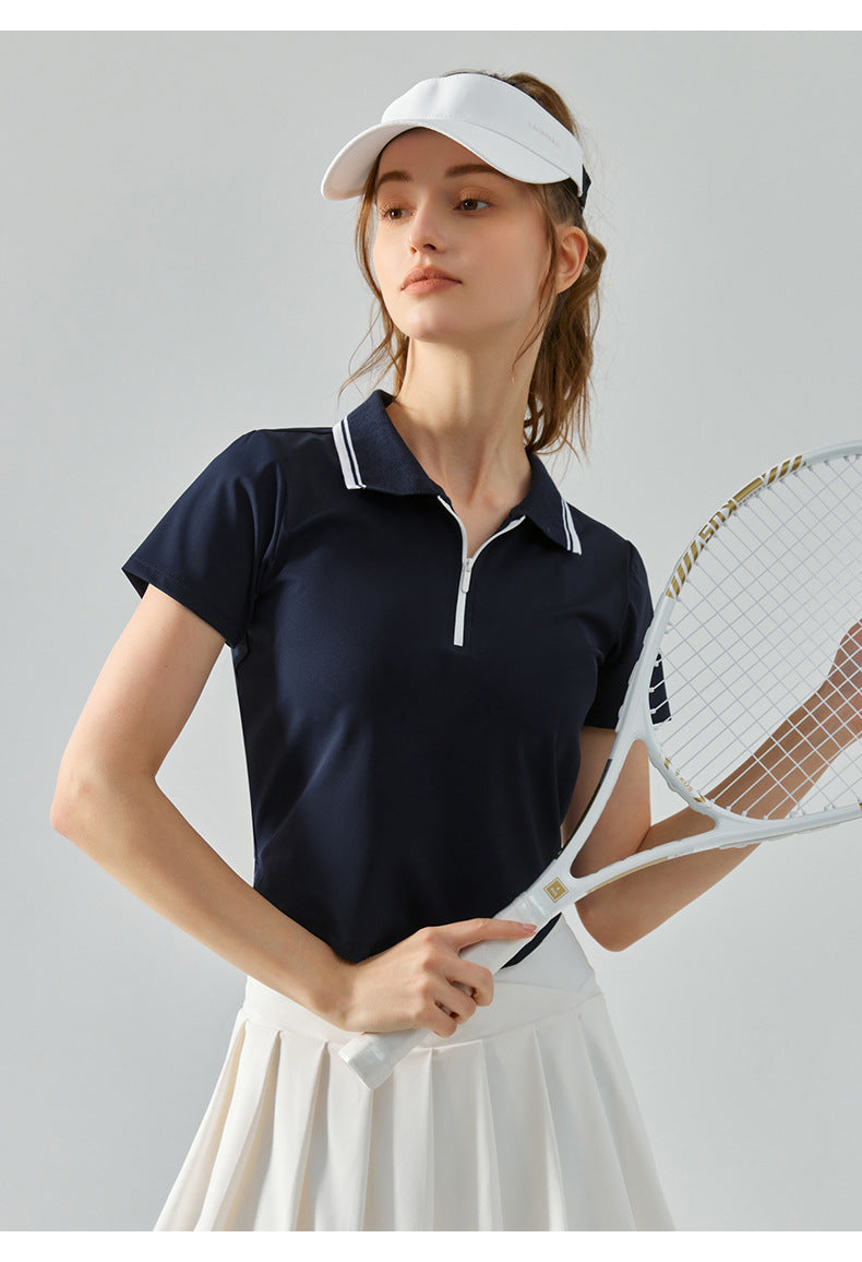 Half Zipper Collared Sports Short Sleeve Women Circular Lower Hem Loose Fitness Top Nude Feel Slim Fit Breathable Yoga Clothes Summer