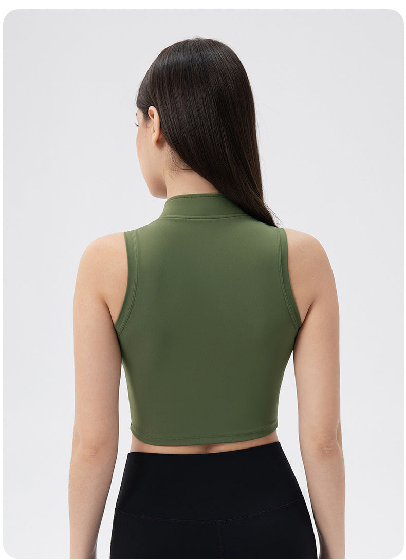Sleeveless Stand Collar Slimming Yoga Clothes Vest Front Zipper Skinny Exercise Top with Chest Pad Running Workout Vest Women