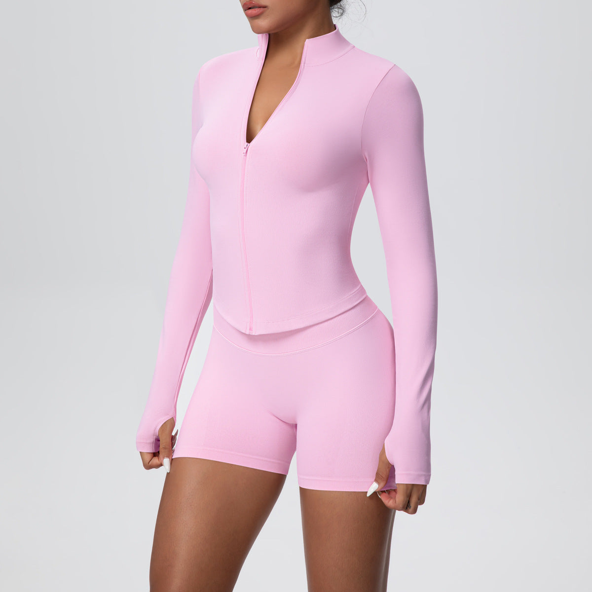 Stand Collar Knitted Long Sleeve Zipper Yoga Jacket Tight Quick Drying Yoga Shorts Fitness Yoga Wear Set for Women