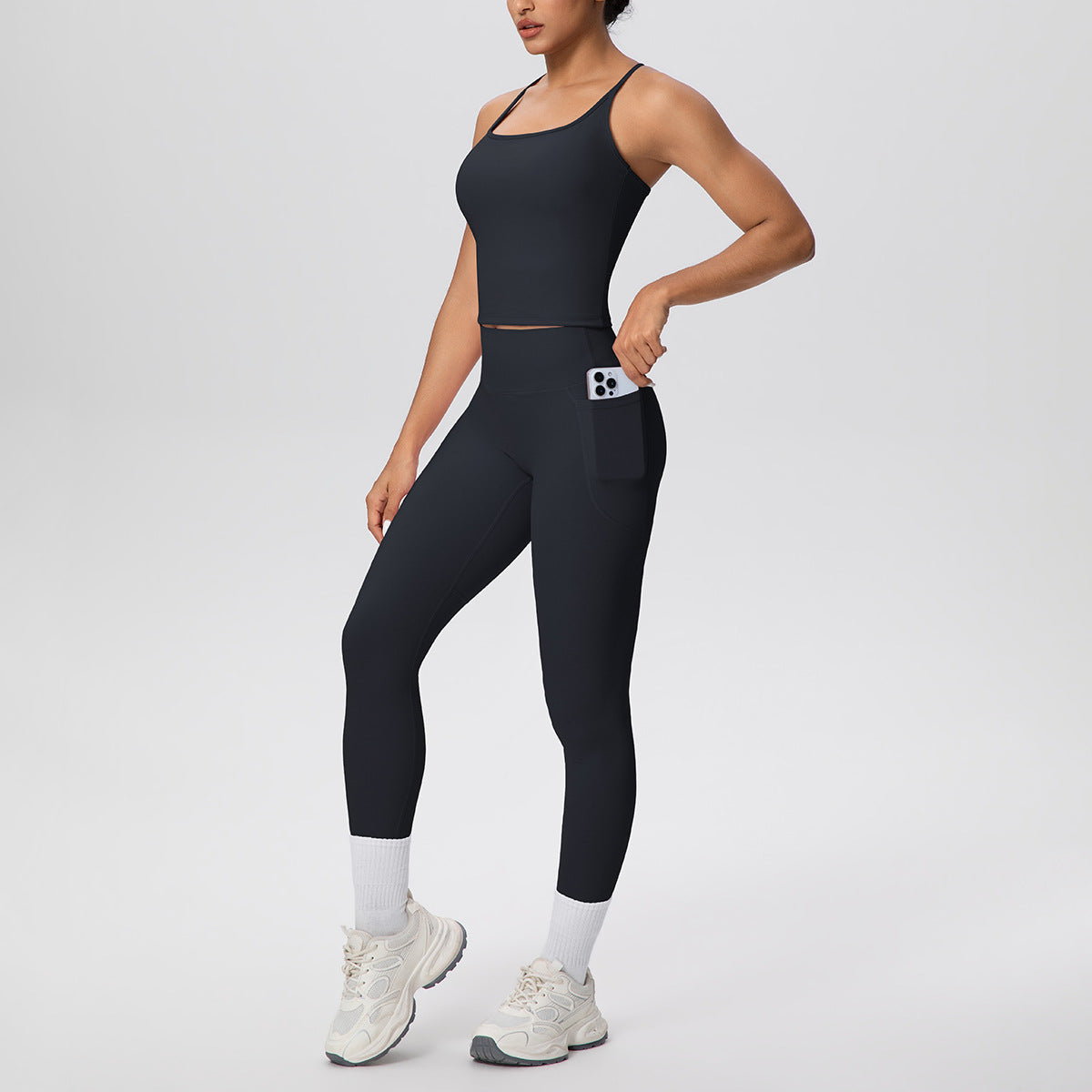 Solid Color Skin Friendly H Shaped Beauty Back Sports Vest Pocket Yoga Pants Leggings Fitness Yoga Wear Set for Women
