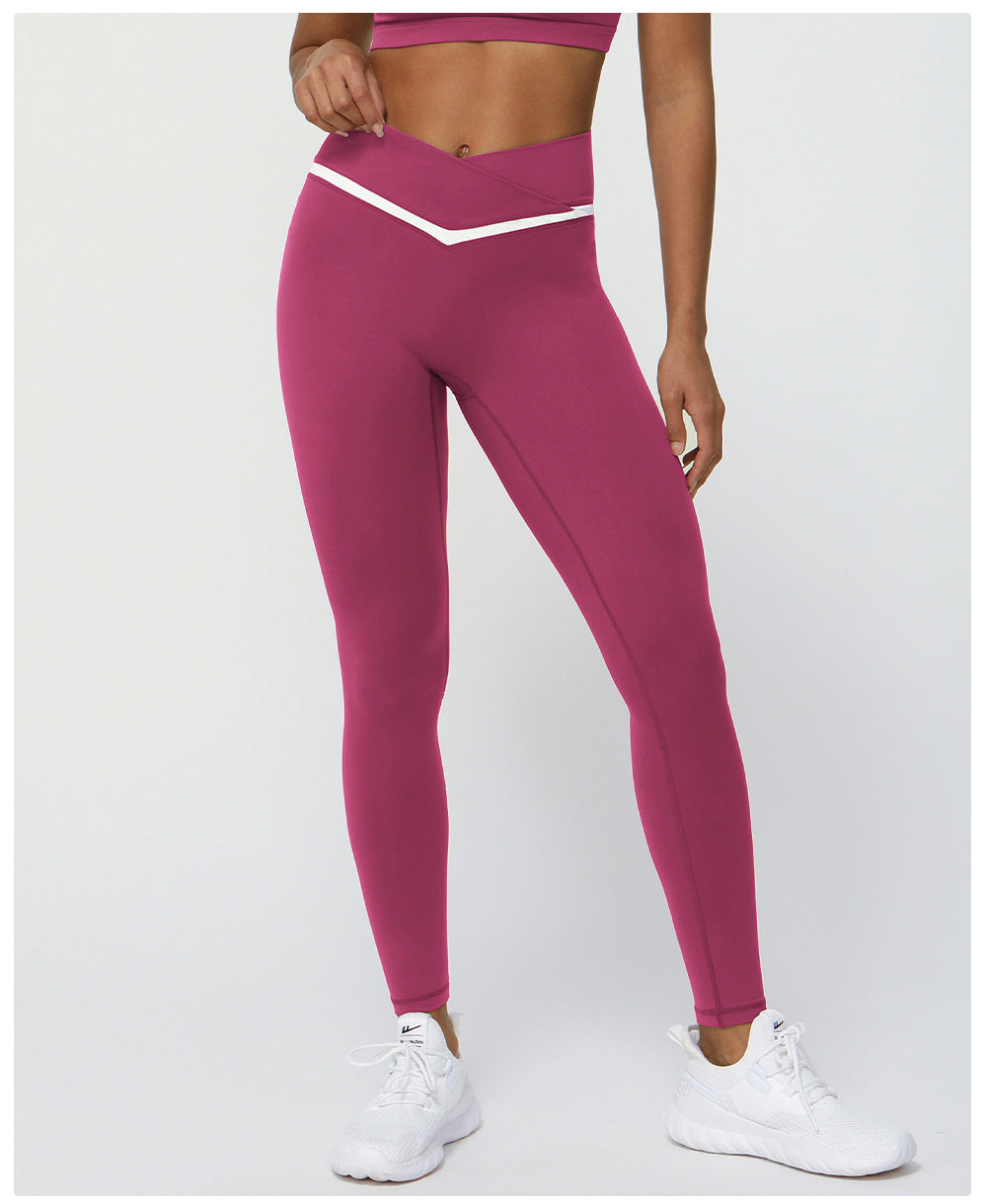 Body Shaping Hip Lifting Yoga Pants Contrast Color Cross V Waist Tight Sports Pants Women Outdoor Running Workout Ankle Length Pants