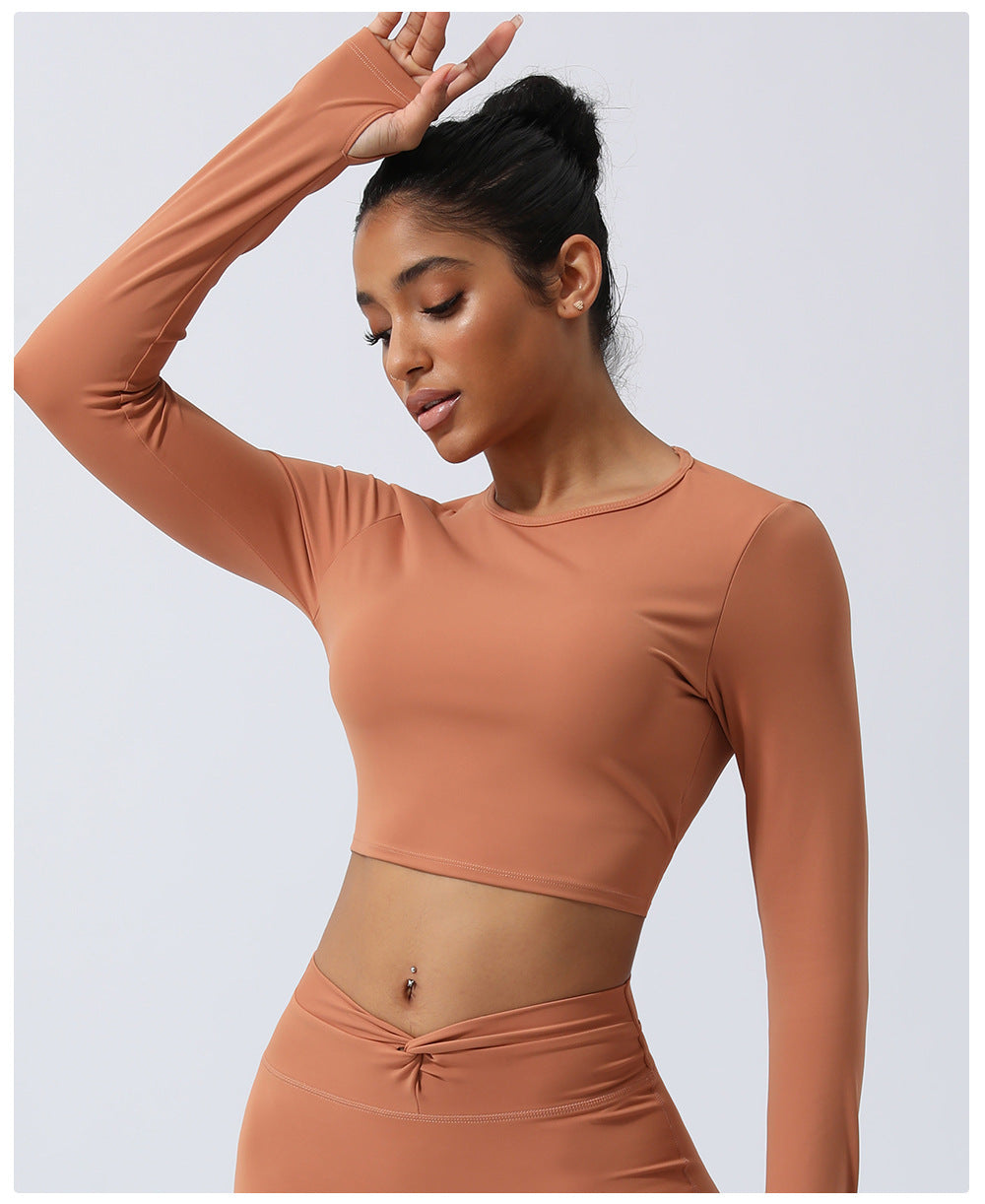 Spring Nude Feel Hollow Out Cutout Out Beauty Back Sports Top Twisted Short Yoga Clothes With Chest Pad Long Sleeve T Shirt Workout Clothes