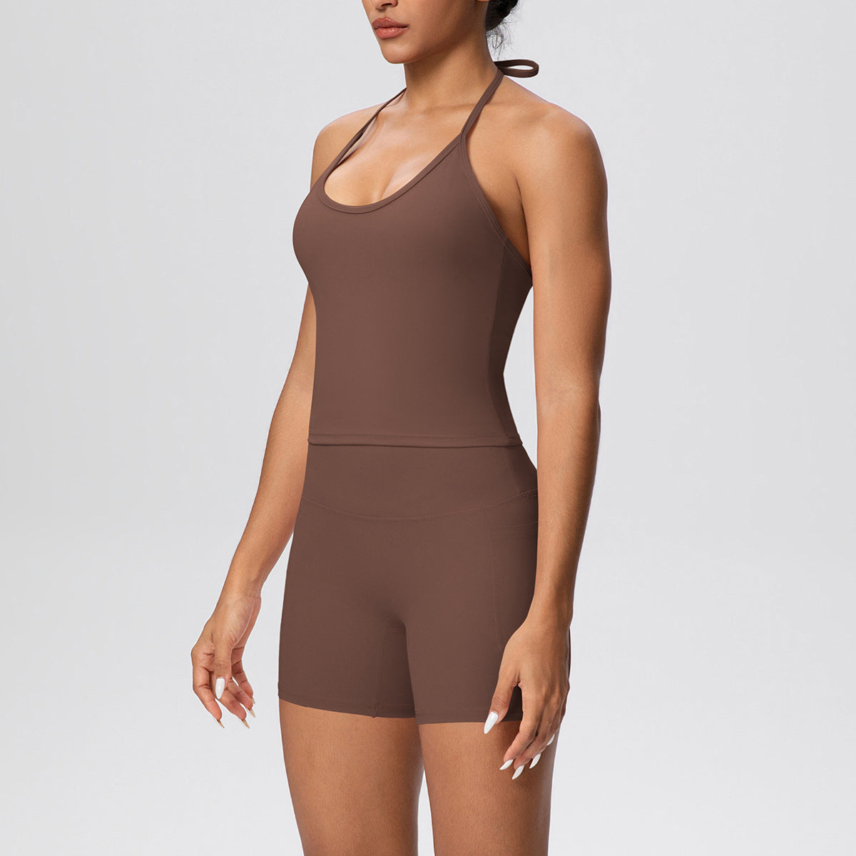 Women Cloud Sense Solid Color Lace Strap Beauty Back Yoga Vest Pocket Shorts Sports Slim Fitting Yoga Set