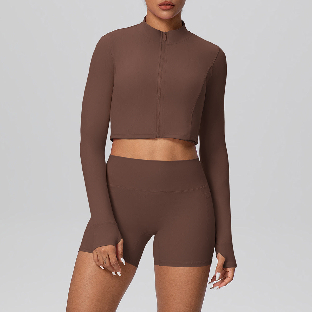 High Waist Nude Feel Thumb Hole Zip Long Sleeve Coat Pocket Shorts Yoga Clothes Fitness Hip Lifting Yoga Set