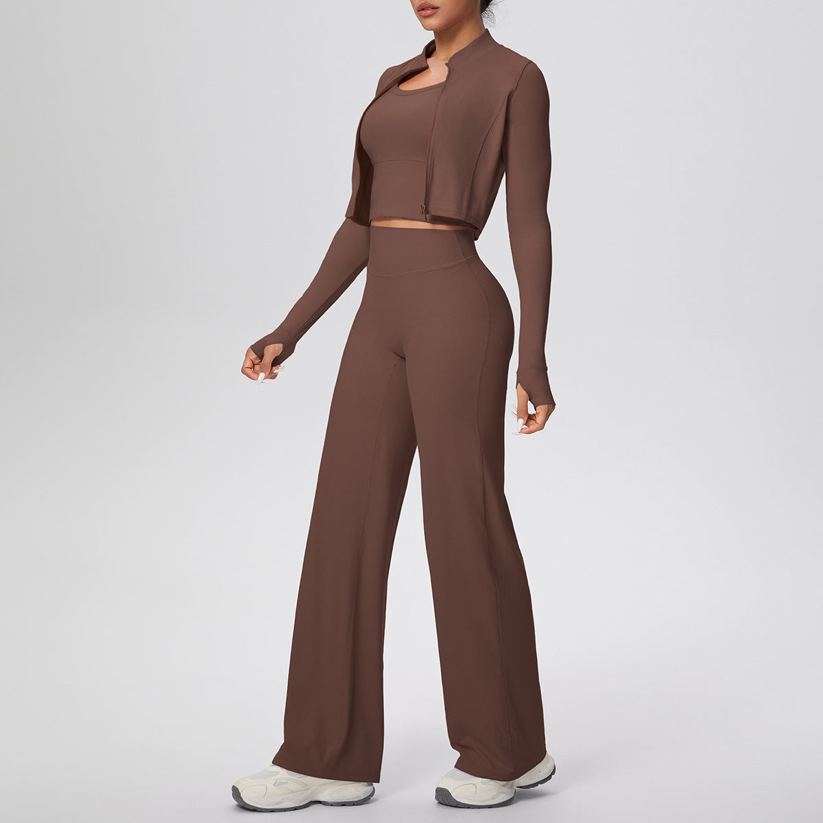 Solid Color Sports Zip Long Sleeve Coat Inner Vest Baggy Straight Trousers Workout Clothes Yoga Three Piece Suit