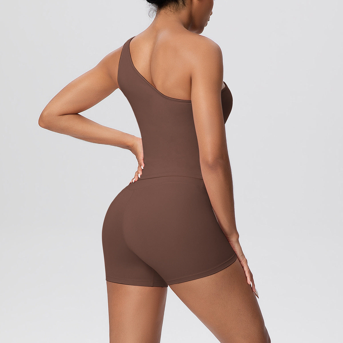 Women Solid Color Oblique Shoulder Strap Beauty Back Exercise Vest Yoga Pants Running Slim Shorts Fitness Yoga Wear Set