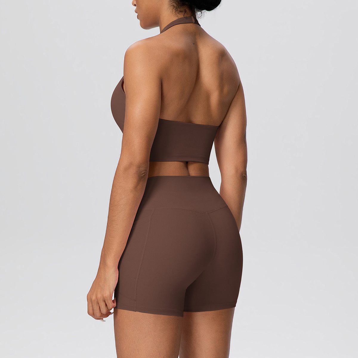 Solid Color Halter Beauty Back Exercise Bra Gathering Vest Pocket Sports Shorts Fitness Pants Yoga Set