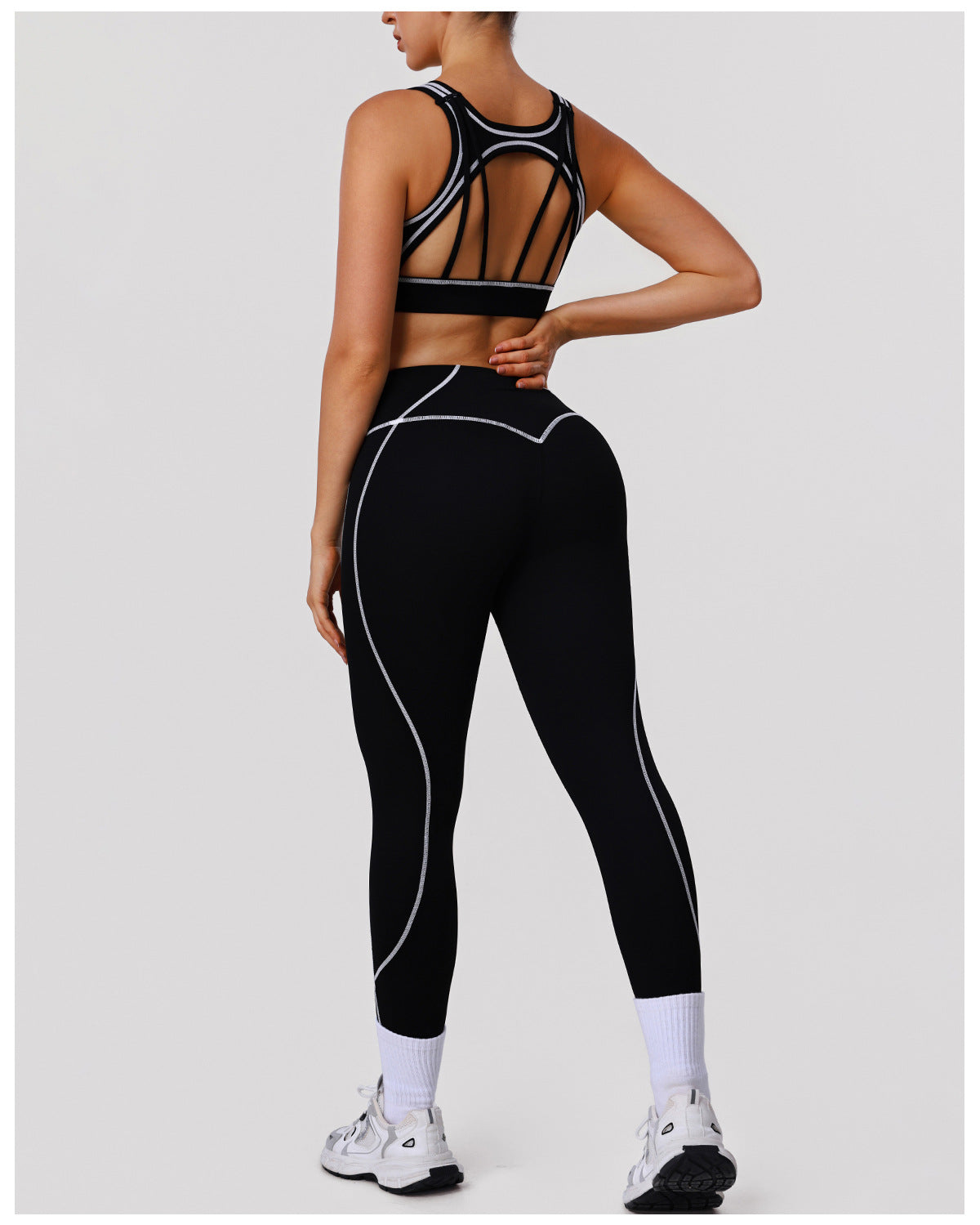 High Strength Nude Feel Contrast Color Yoga Two Piece Sets Sports Training Tights Shockproof Bra Fitness Running Outfit