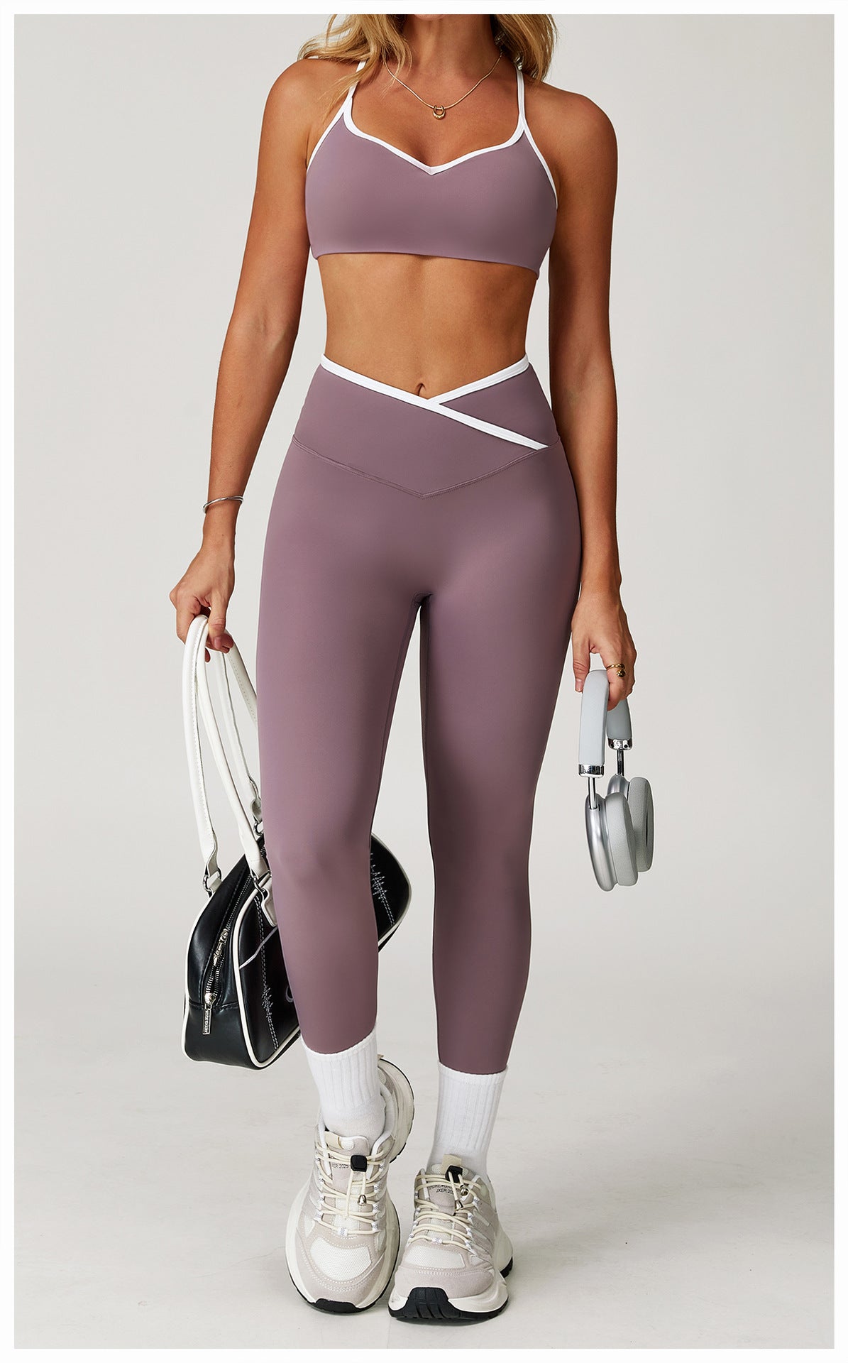 Sollinarry Nude Feel Skinny Yoga Pants Cross High Waist Contrast Color Tights Women Sports Running Fitness Pants