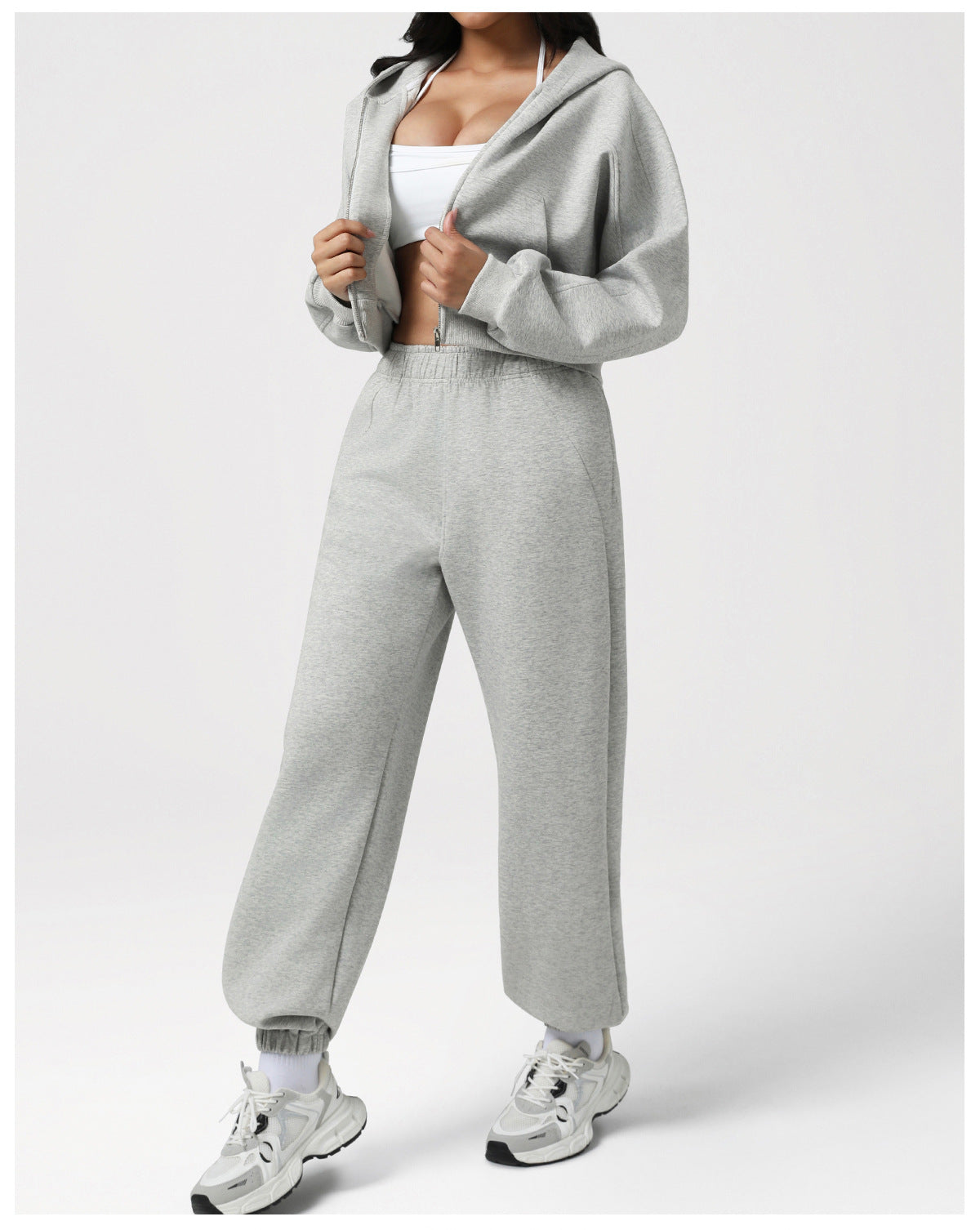 Autumn Winter Loose Slimming Track Sweatpants Women Thickened Hooded Zipper Sweatshirt Coat Casual Two Piece Set