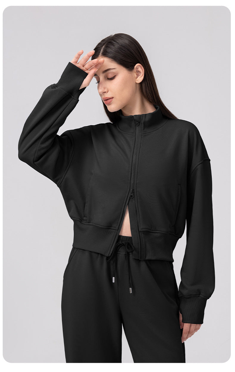 Autumn Winter Exercise Coat Women Loose Collared Yoga Jacket Casual Running Fitness Top Zipper Cardigan