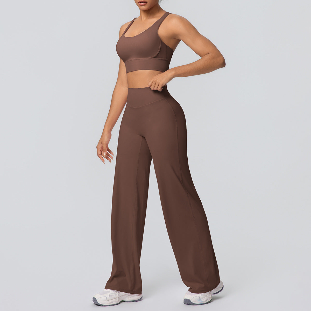 Sexy Cross Shoulder Strap Backless Bra Solid Color Baggy Straight Trousers Fitness Pants Yoga Set for Women