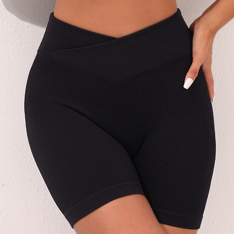 Seamless Knitted Yoga Shorts Peach Hip Lifting High Waist Fitness Pants Tight Cross Sports Three Pants