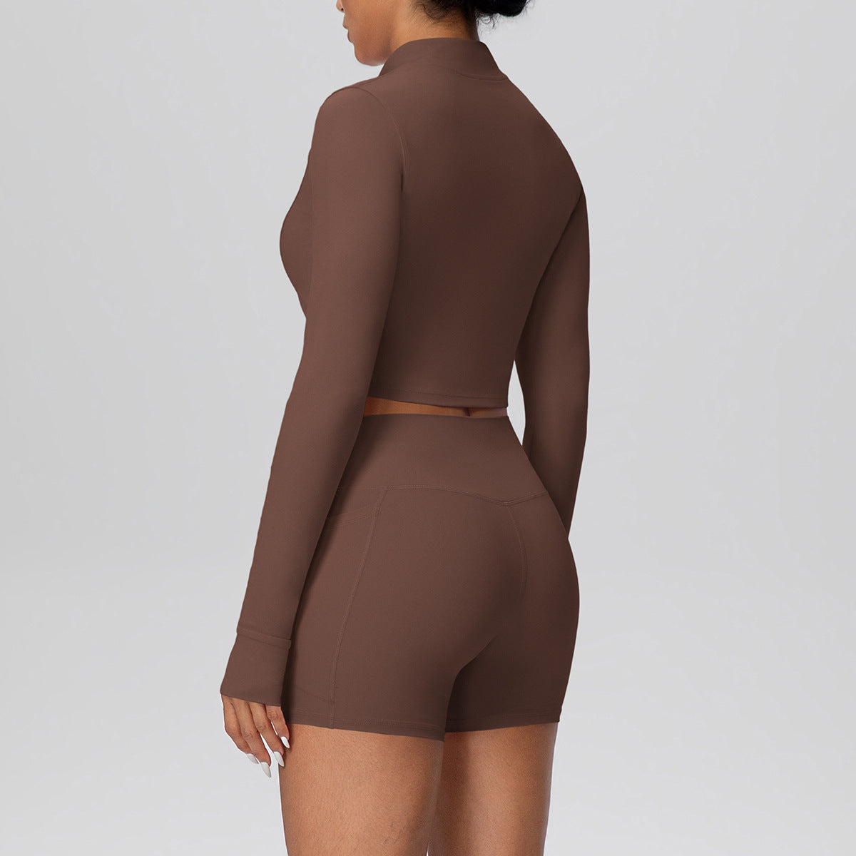 High Waist Nude Feel Thumb Hole Zip Long Sleeve Coat Pocket Shorts Yoga Clothes Fitness Hip Lifting Yoga Set