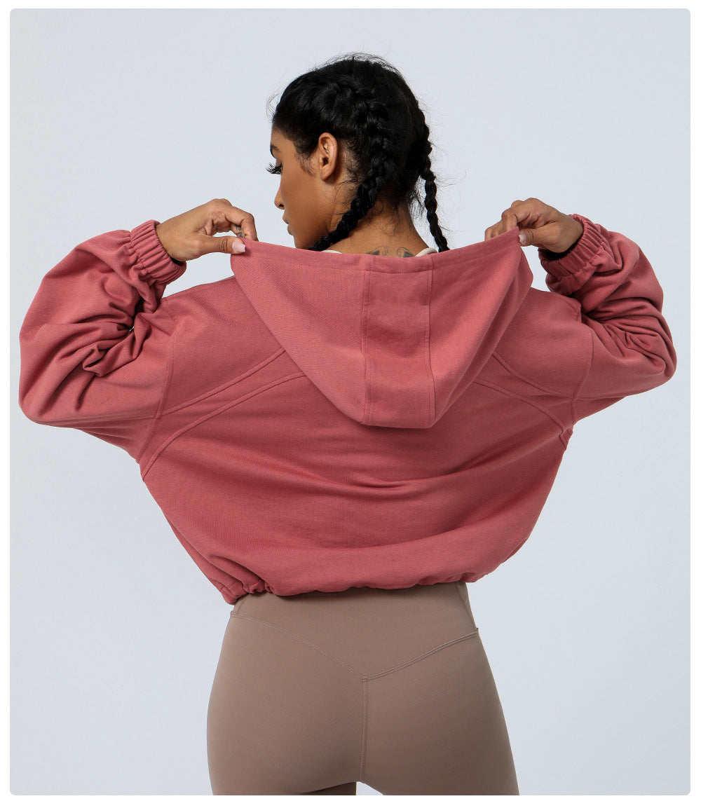 Pullover Hooded Yoga Workout Top Women Outdoor Running Jacket Zipper Loose Long Sleeve Sweatershirt Women