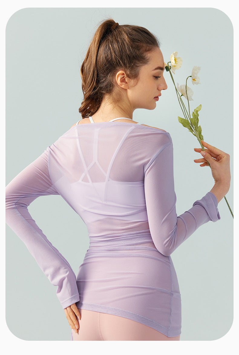 Long Sleeve Mesh Yoga Blouse High-Grade Sexy off-the-Shoulder Slant Shoulder Lightweight Sports Blouse