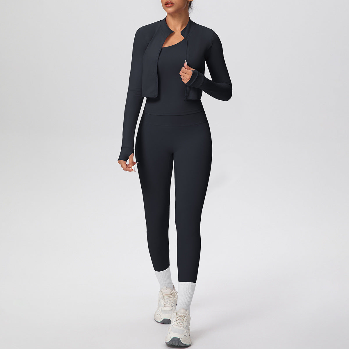 Women Solid Color Zip Long Sleeve Coat Oblique Shoulder Vest Slim Fit Yoga Pants Workout Clothes Yoga Three Piece Set