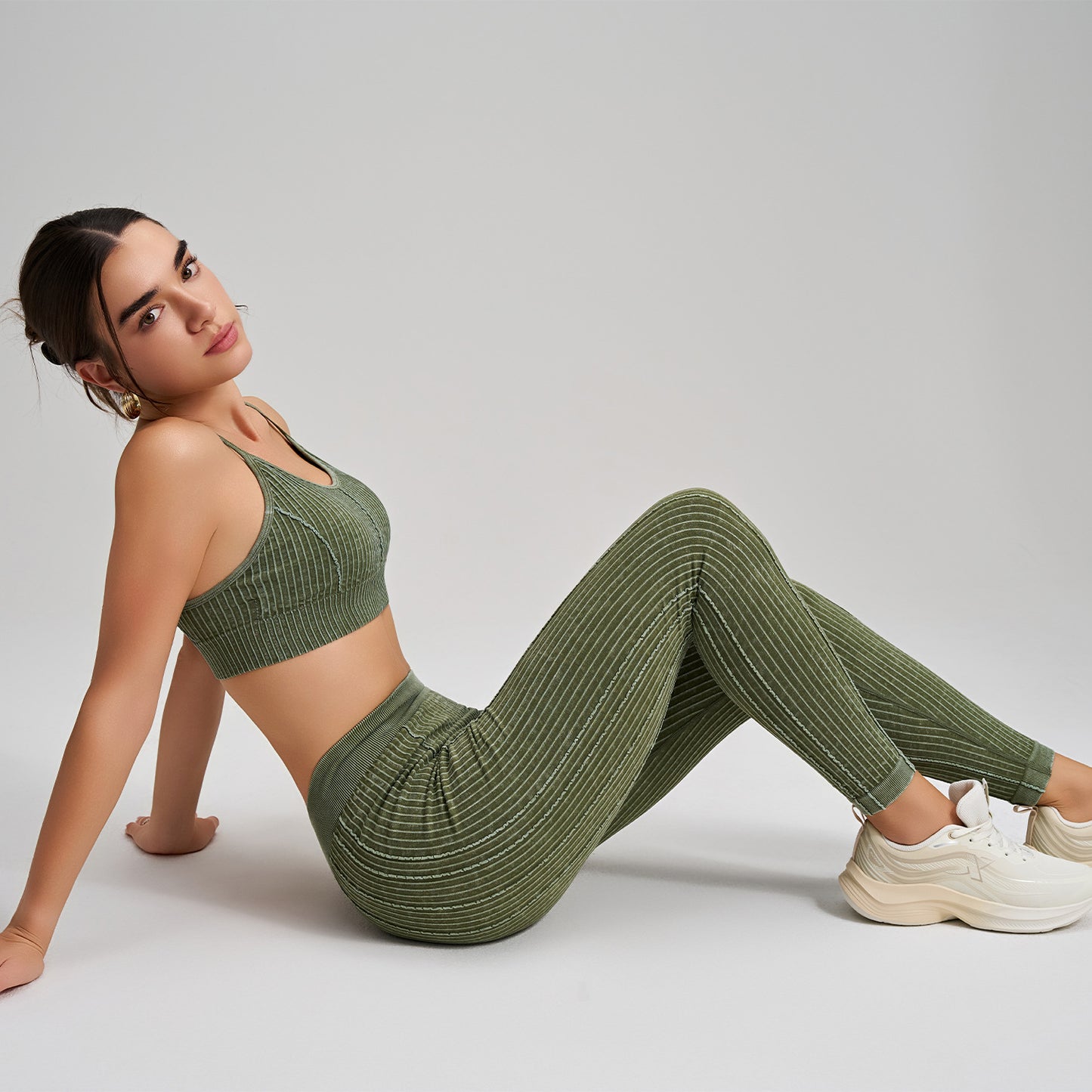 Stone Washed Peach Hip Seamless Yoga Pants Set Sports Fitness Running Shockproof Vest Two Piece Set