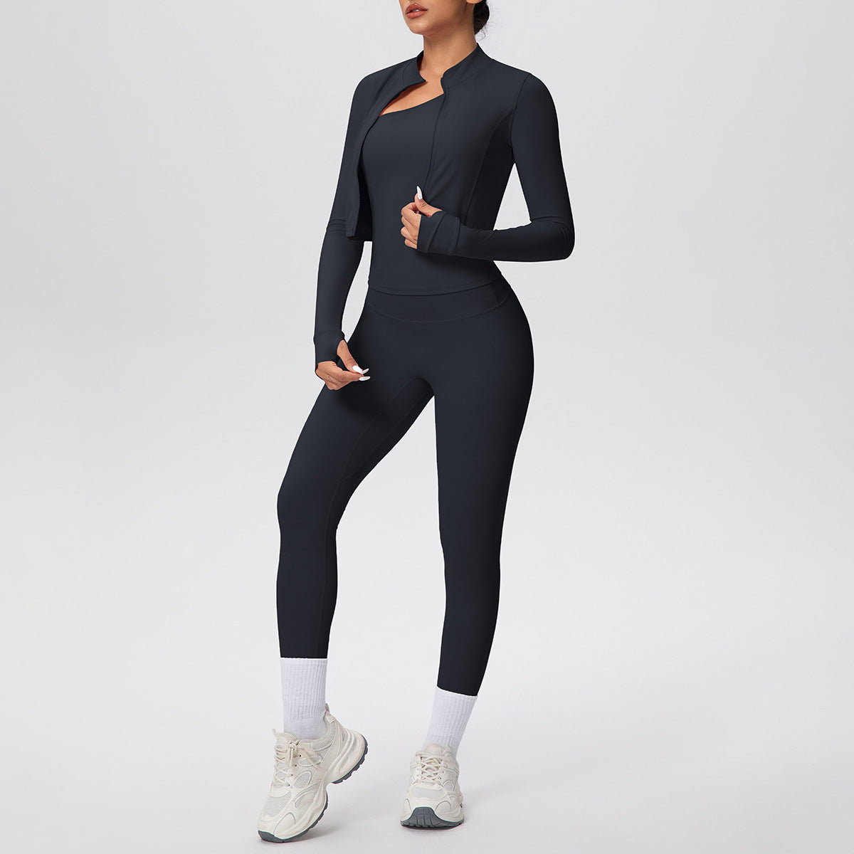 Women Solid Color Zip Long Sleeve Coat Oblique Shoulder Vest Slim Fit Yoga Pants Workout Clothes Yoga Three Piece Set