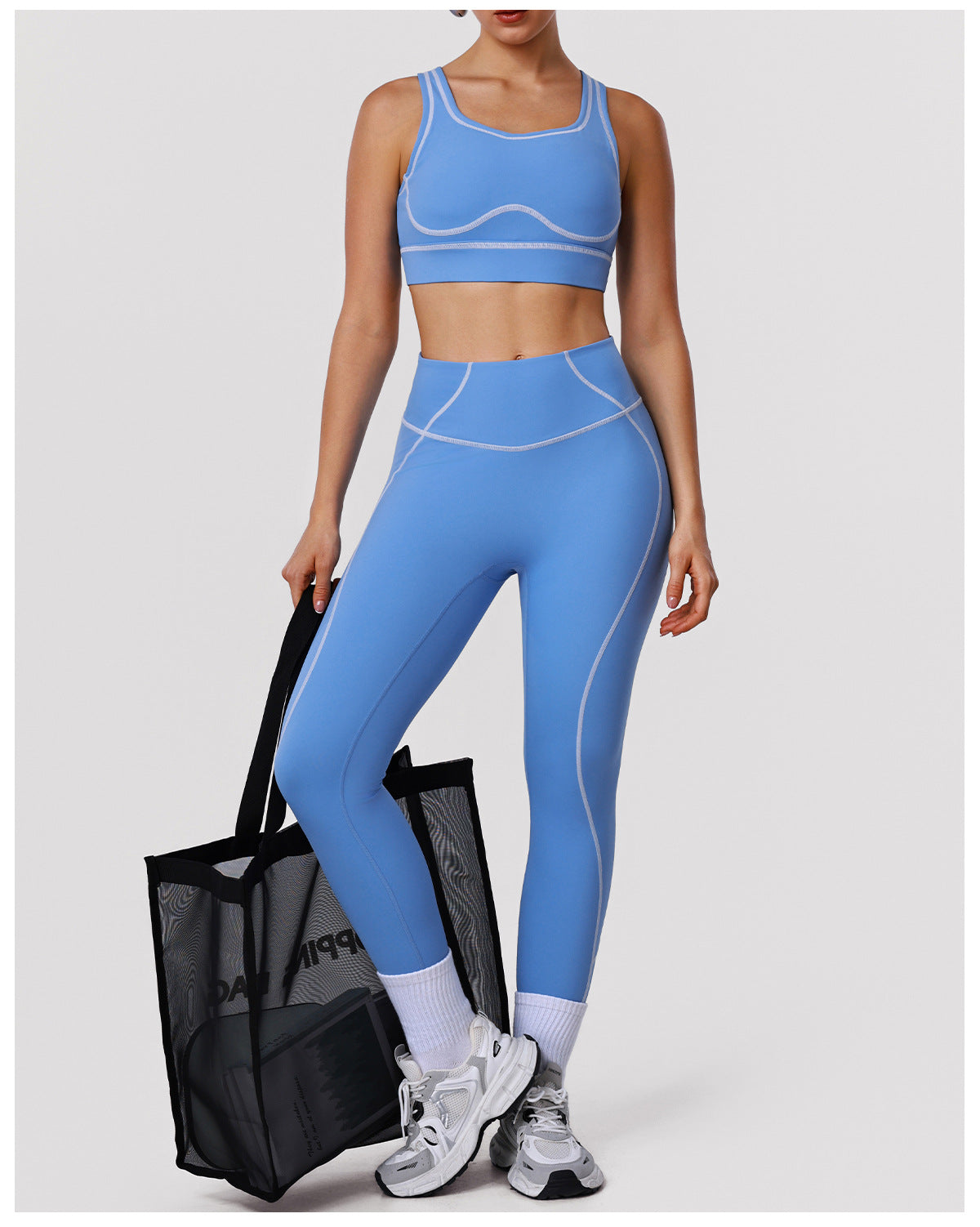 High Strength Nude Feel Contrast Color Yoga Two Piece Sets Sports Training Tights Shockproof Bra Fitness Running Outfit