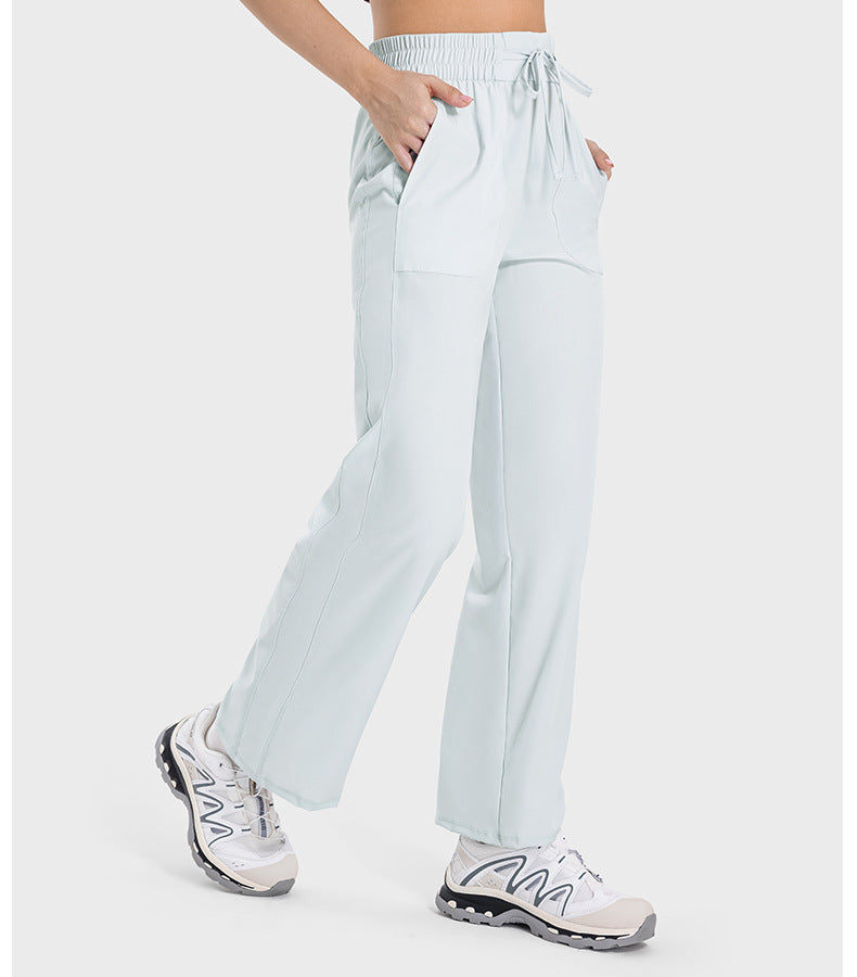 Pocket Slim Fit Slimming High Waist Hip Lift Casual Sports Pants Women Elastic Drawstring Waist Straight Leg Pants