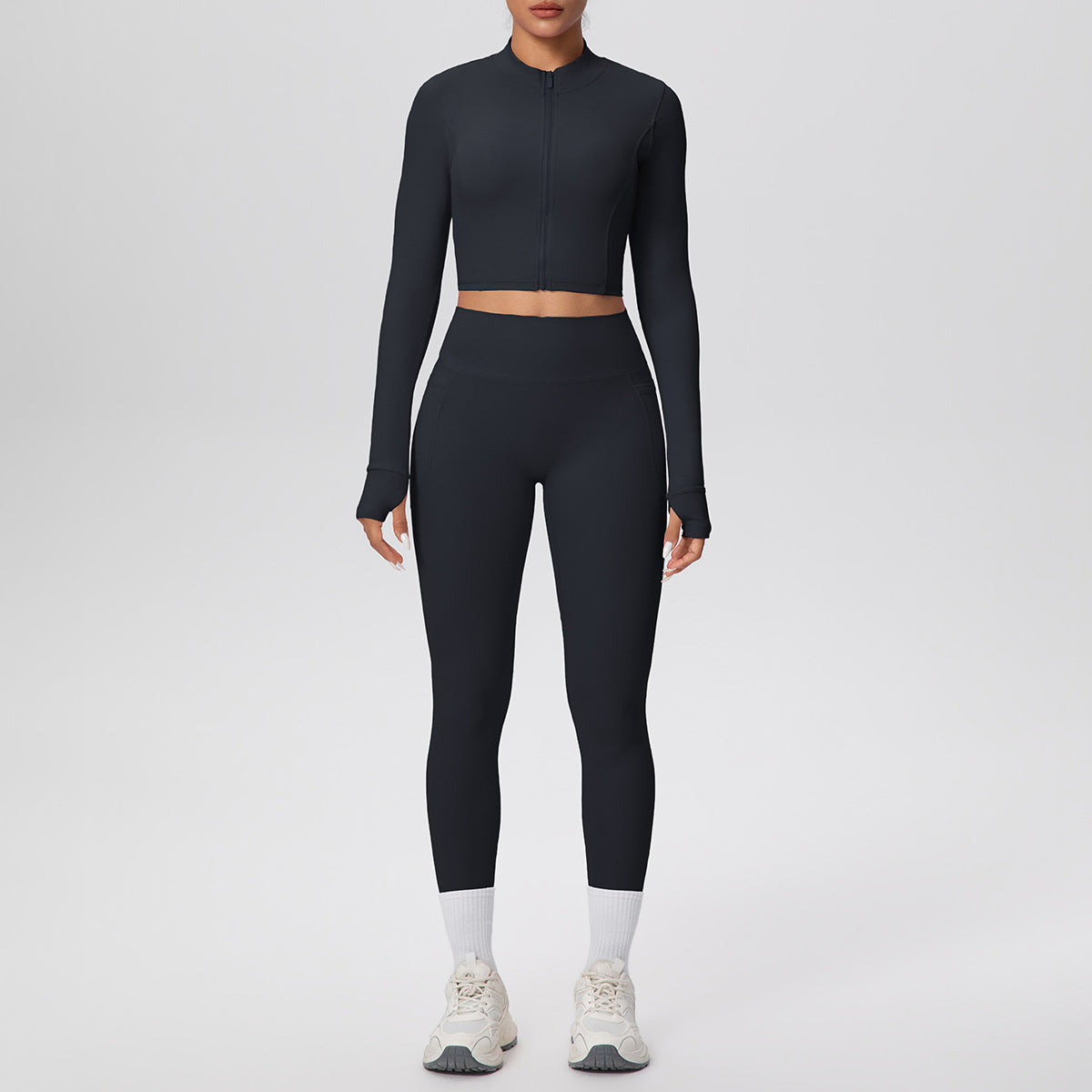 Tight High Waist Nude Feel Thumb Hole Zip Long Sleeve Coat Pocket Yoga Clothes Fitness Hip Lifting Yoga Set