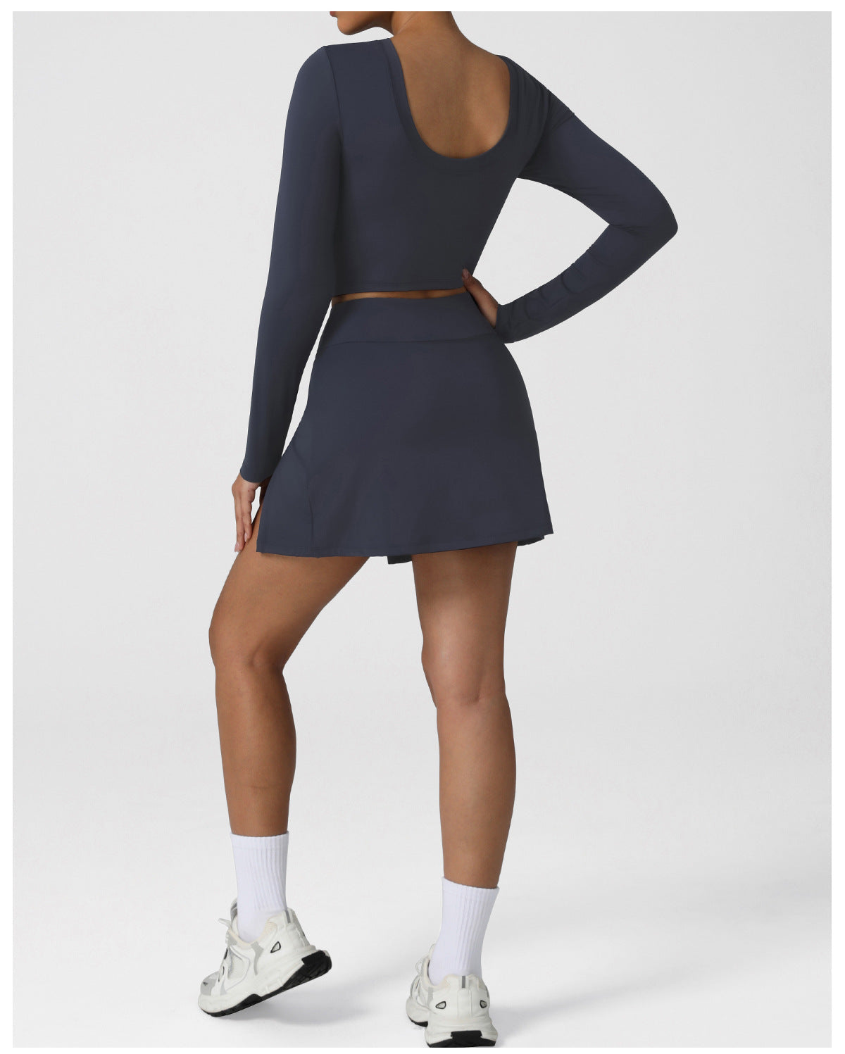 Nude Feel Tennis Women False Two Piece Skirted Leggings Slim Fit Sports Long Sleeved Top Set Outdoor Workout Clothes