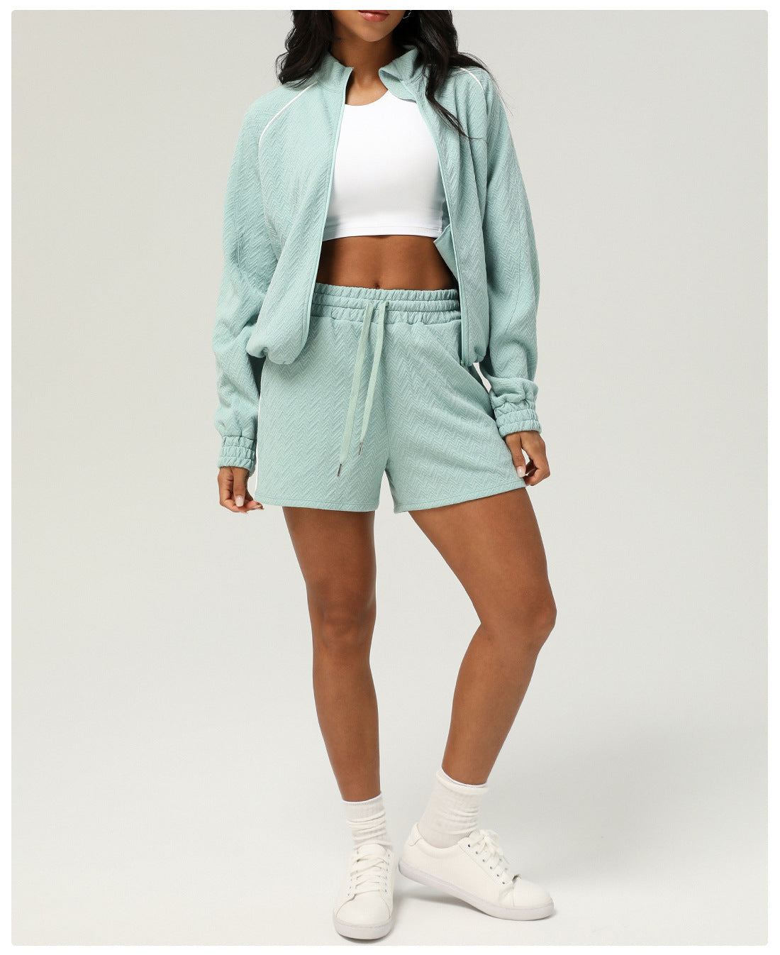 Texture Sports Long Sleeve Coat Shorts Casual Women Yoga Wear Two Piece Sets