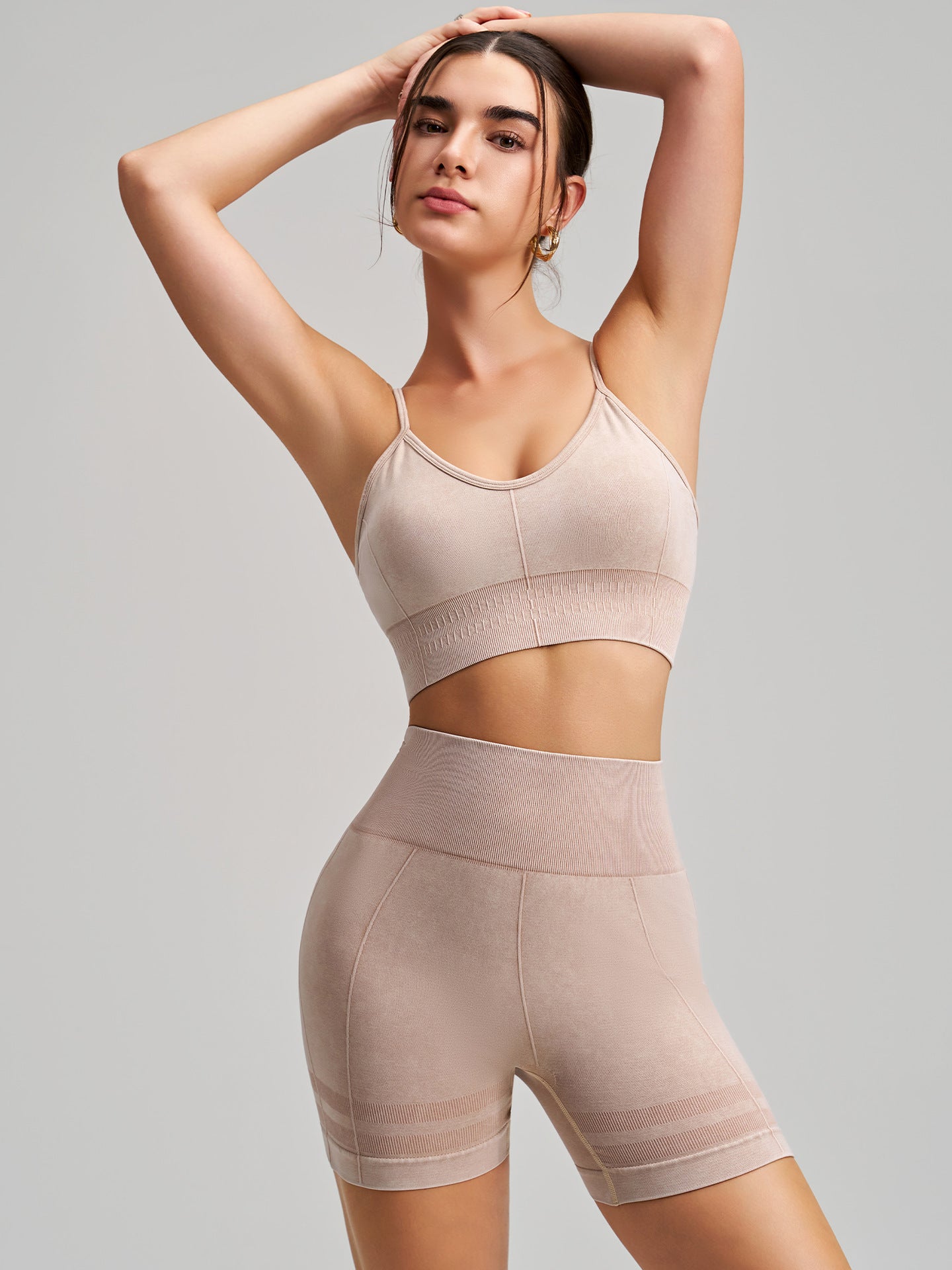 Tight Exercise Workout Outfit Seamless Stone Washed Yoga Shorts Sports Bra Two Piece Sets